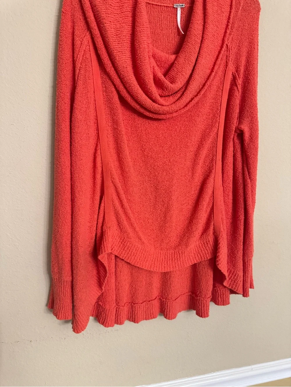 FREE PEOPLE Long Sleeve Knit Sweater Womens M Cowl Neck Orange Asymmetrical Hem